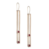 Caged Long Two Tier Gold & Ruby Earring